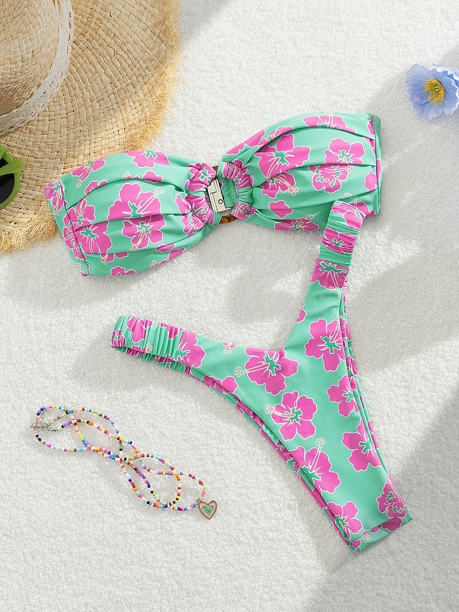 Dames Zwemkleding Bikini 2 stuks String Zwempak Blote rug Slank Vakantie Strand Kleding Bloemig Halternek Mouwloos Badpakken 2025 - $22.99 –P8