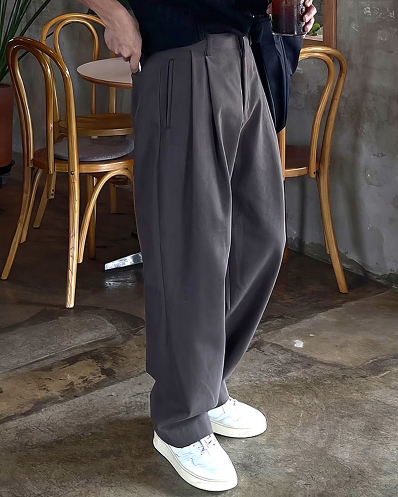 Homens Social Calças chinês Calças Plissadas Botões Bolsos Perna reta Tecido Conforto Formal Festa Trabalho Moda Estilo Clássico Preto Cinzento Escuro Micro-Elástica de 2025 por $23.99 –P4