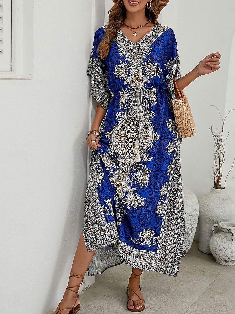Dam Maxiklänning Vardagsklänning Boho Chic klänningar Boho-klänning bohemliv söt stil Stylish Semester Dagligen Strand Lös passning Grafisk Kortärmad V-hals Rubinrött Blå Sommar Vår Höst 2025 - $38.99 –P8