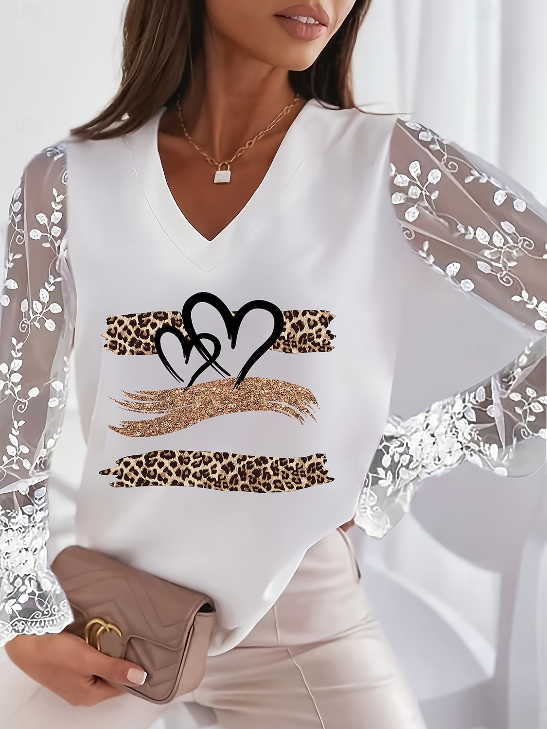 női valentin szív póló csipke toldás felső elegáns divat aranyos szív grafika normál felsők hosszú ujjú lámpás ujjú nyak csipke patchwork rendes fit party valentin nap 2025 - $21.99 –P6