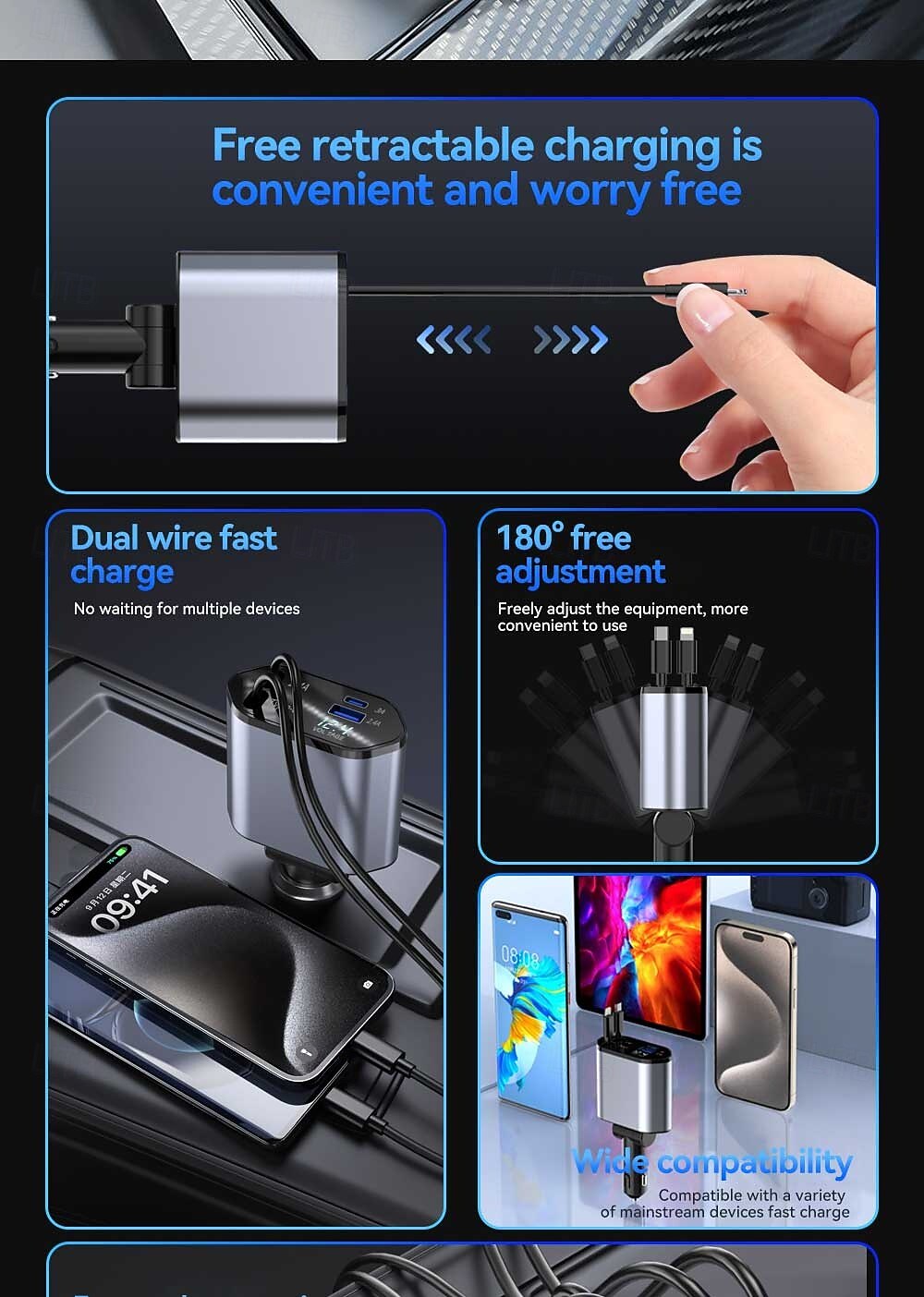 2025年 4 in 1 引き込み式車載充電器 USB タイプ C ケーブル iPhone Samsung 高速充電コード シガレットライターアダプター  コレクション – $28.99 –P2