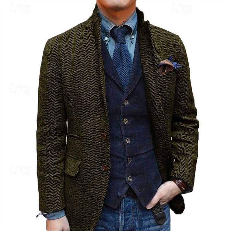 Blazer de tweed retro vintage para hombre, blazer de espiga, chaqueta deportiva, talla grande, botonadura sencilla, dos botones, negro, champán, burdeos, azul 2025 - $95.99 –P3