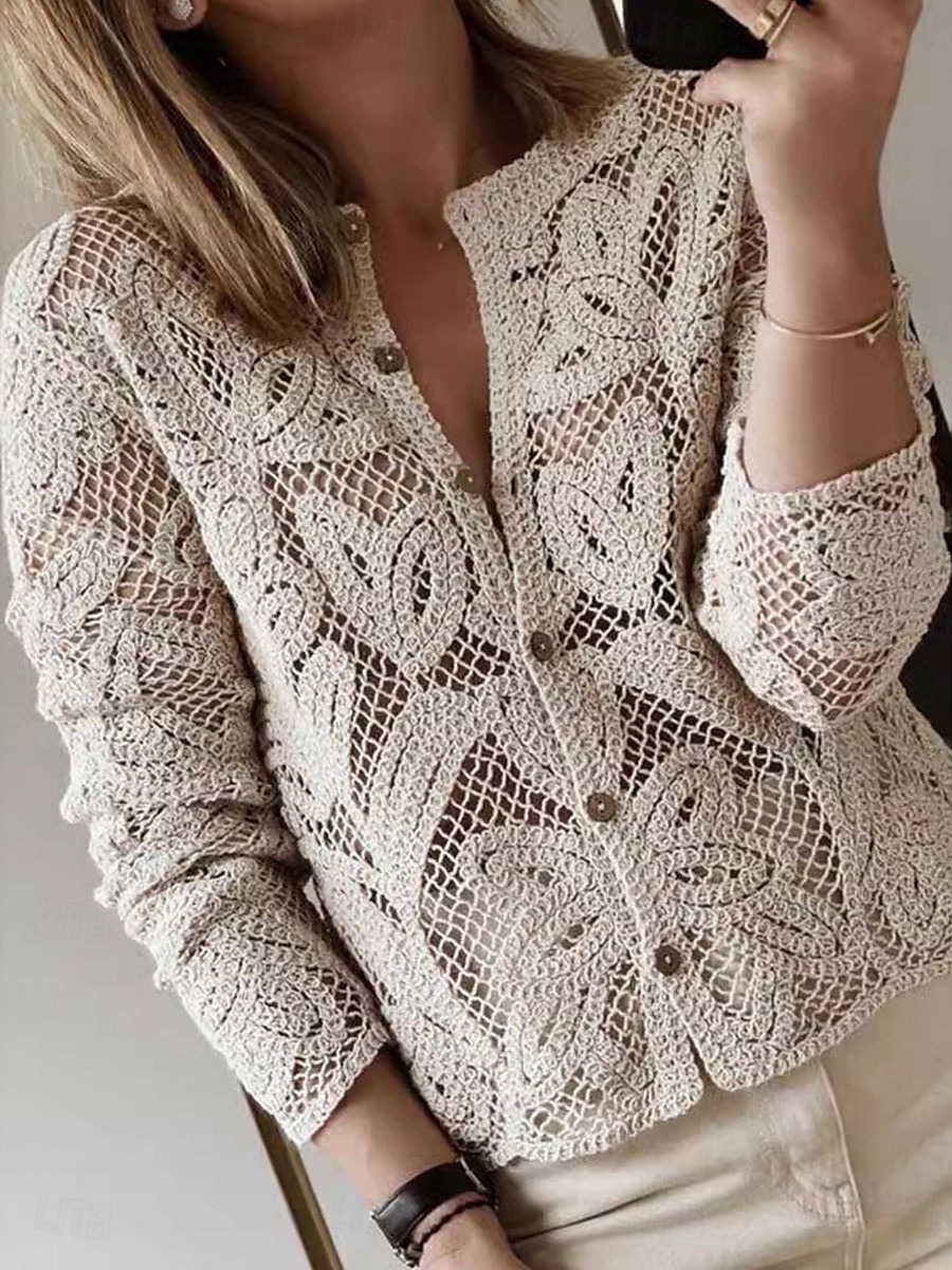 Dame Bluse Helfarge Grunnleggende Fritid Langermet Crew-hals Vanlige topper Daglig Uthult Knapper Kakifarget Høst Vinter 2025 - $34.99 –P2