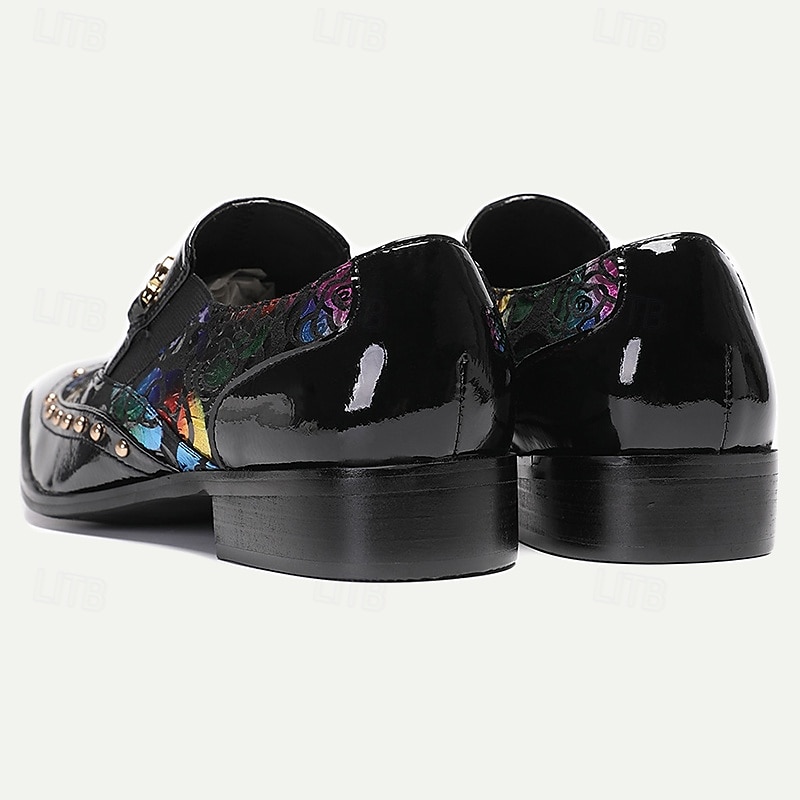 Men's Black Patent Leather Loafers with Gold Tip Floral  and Metal Buckle–Premium Cowhide Formal Shoes for Weddings, Parties, and Special Occasions 2025 - $109.99 –P5
