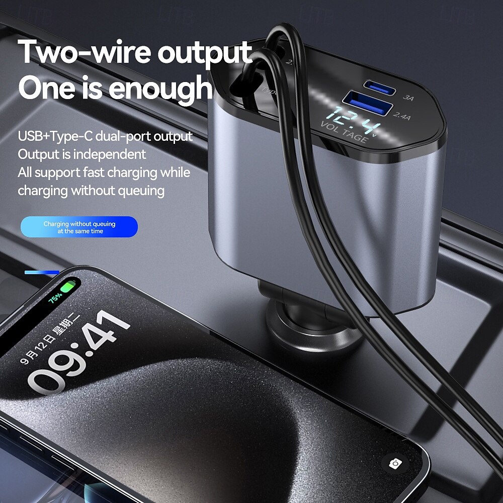 Car Charger 4 in 1 100W Car Charger Dual Retractable Type C Cables and 2 USB Ports Car Charger Compatible 2025 - $26.99 –P2