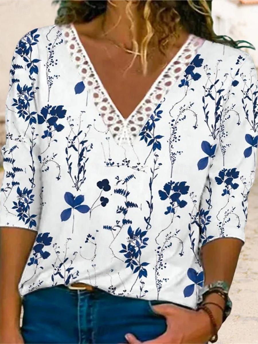 Dame Skjorte Bluse Blomstret Fritid Langermet V-hals Vanlige topper Daglig Blonde Lapper Trykt mønster Rosa Blå Lyseblå Vår & Vinter 2025 - $29.99 –P3