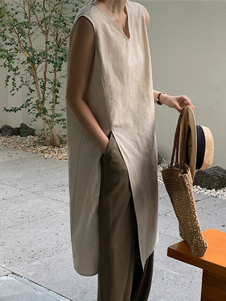 Femme Normal Robe mi-longue Robe en lin mode Décontractées du quotidien Plage Standard Plein Sans Manches Col V Noir Abricot Eté de 2025 ? $46.99 –P1