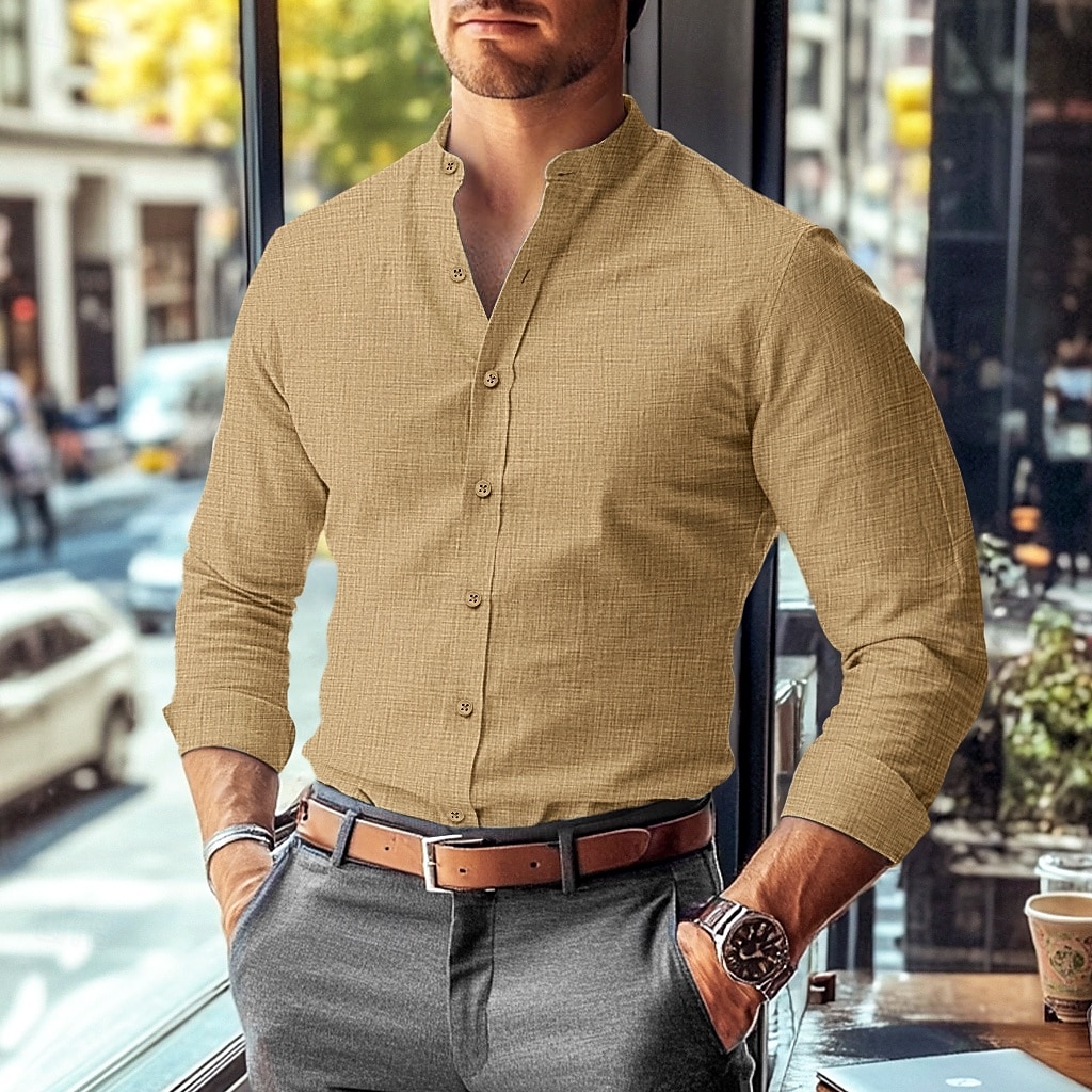 Men's Shirt Band Collar Shirt Summer Shirt Dress Shirt Button Up Shirt Solid Color Work Wear to work Black White Pink Blue Long Sleeve Collar Clothing Apparel 2025 - $27.99 –P10