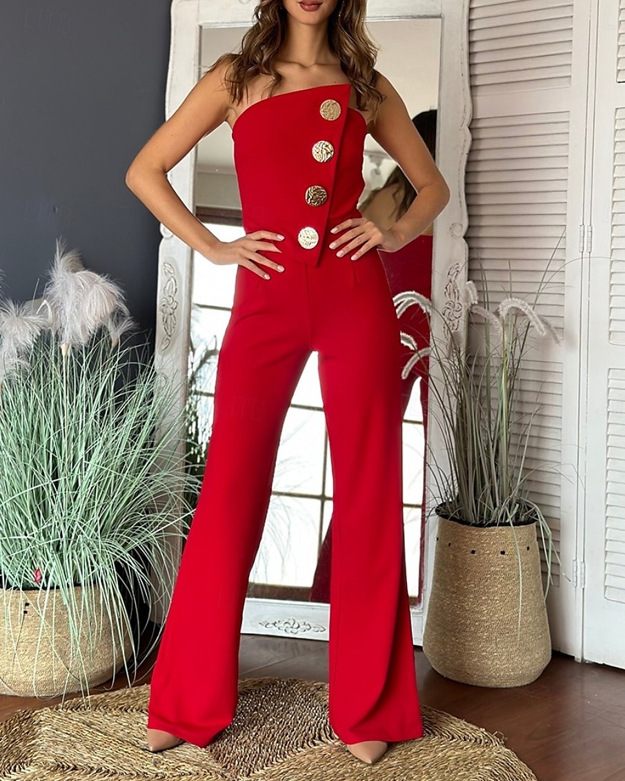 Dames Normaal Jumpsuit Elegant Effen Kleur Mouwloos Breed Been Strapless Knop Dagelijks Normale pasvorm Zwart Wit Rood Zomer 2025 - $36.99 –P7