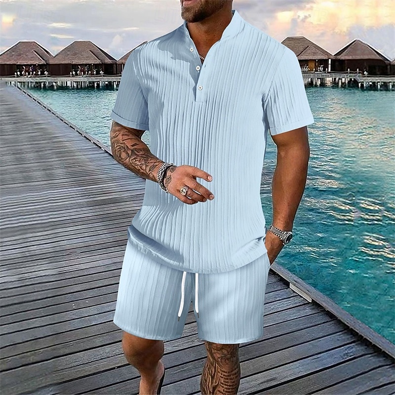 Herr 2 delar Skjorta set Sommar set Matchande set Casual skjorta Knapp upp skjorta Svart Vit Kungsblå Khaki grön Ljusblå Kortärmad Slät Krage Semester Dagligen Kläder Mode Ledigt Bekväm 2026 - $35.99 –P6