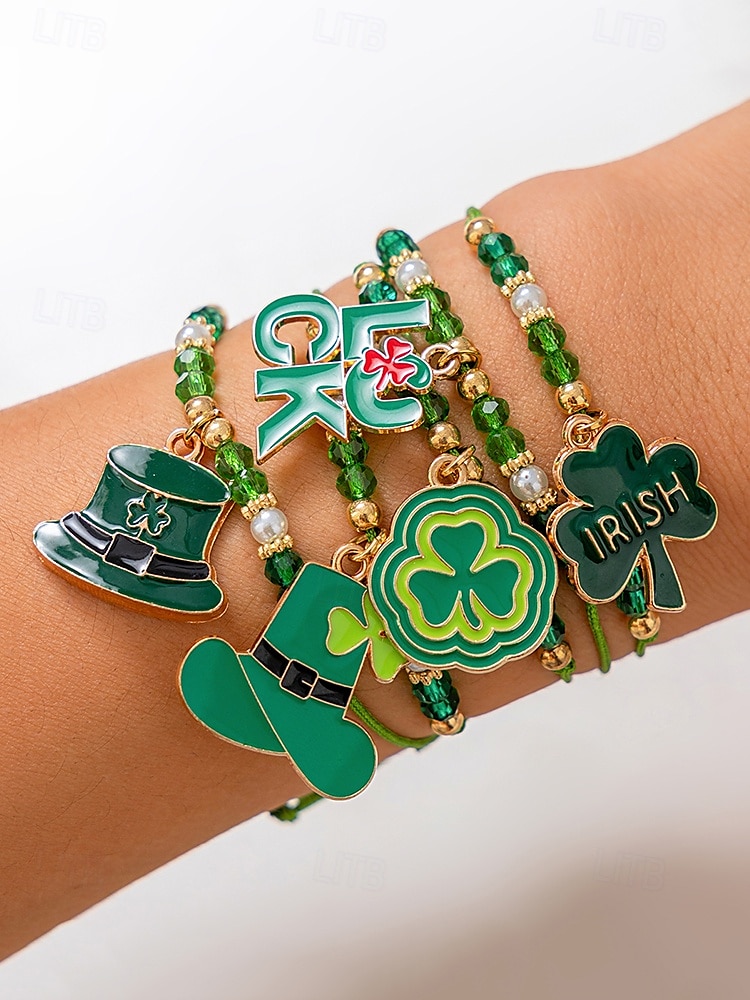 st. patrick's day lucky charm armbånd – irsk grønn beaded stretch armbåndsett for kvinner, festlig ferietilbehør med shamrock og bokstavdetaljer 2025 - $9.99 –P2