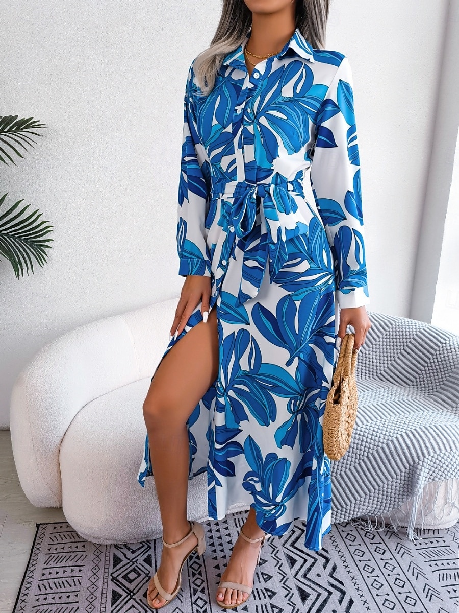 Damskie Sukienka maxi Sukienka koszulowa Codzienne sukienki Sukienka A line Elegancki Codzienny Urlop Codzienny Regularny Kwiaty Długi rękaw Kołnierzyk koszuli Niebieski Pomarańczowy Wiosna Jesień 2025 - $38.99 –P5