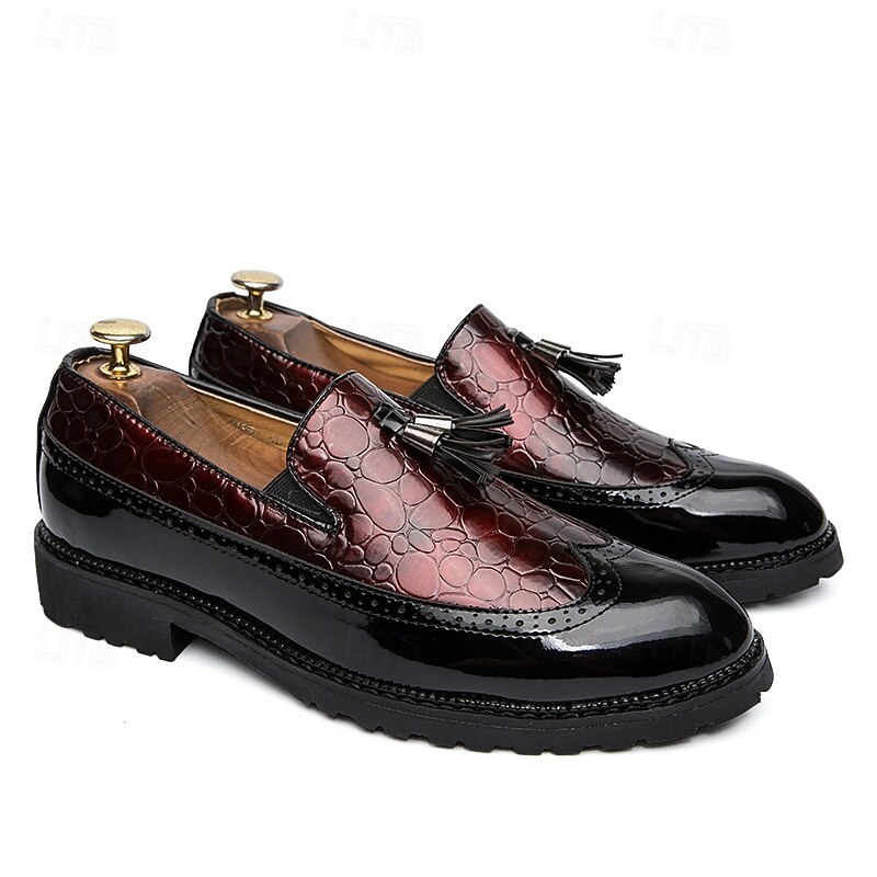 Herrloafers i svart och vitt i lackkonstläder – krokodilpräglade tofsar med grov sula för Gatsby-fest, bröllop, bal, elegant nattliv 2025 - $42.99 –P5