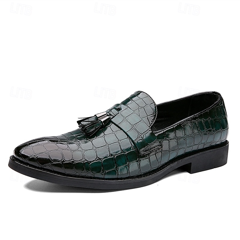 pánské hnědé mokasíny s krokodýlím vzorem z umělé kůže se střapkovým detailem - elegantní nazouváky na svatbu, obchodní i formální příležitosti 2025 - $46.99 –P3