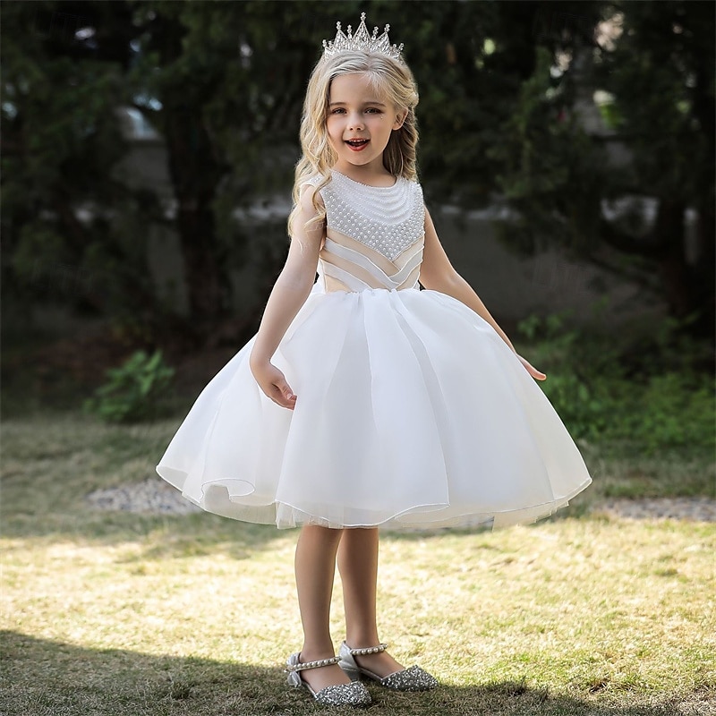 Robe de Demoiselle d'Honneur Fille enfants Fille Robe de princesse Utilisation Mariage Soirée Elégant Magnifique Maille Couleur unie Sans Manches Col Ras du Cou Blanche Champagne 4 ans et + de 2025 ? $38.99 –P6