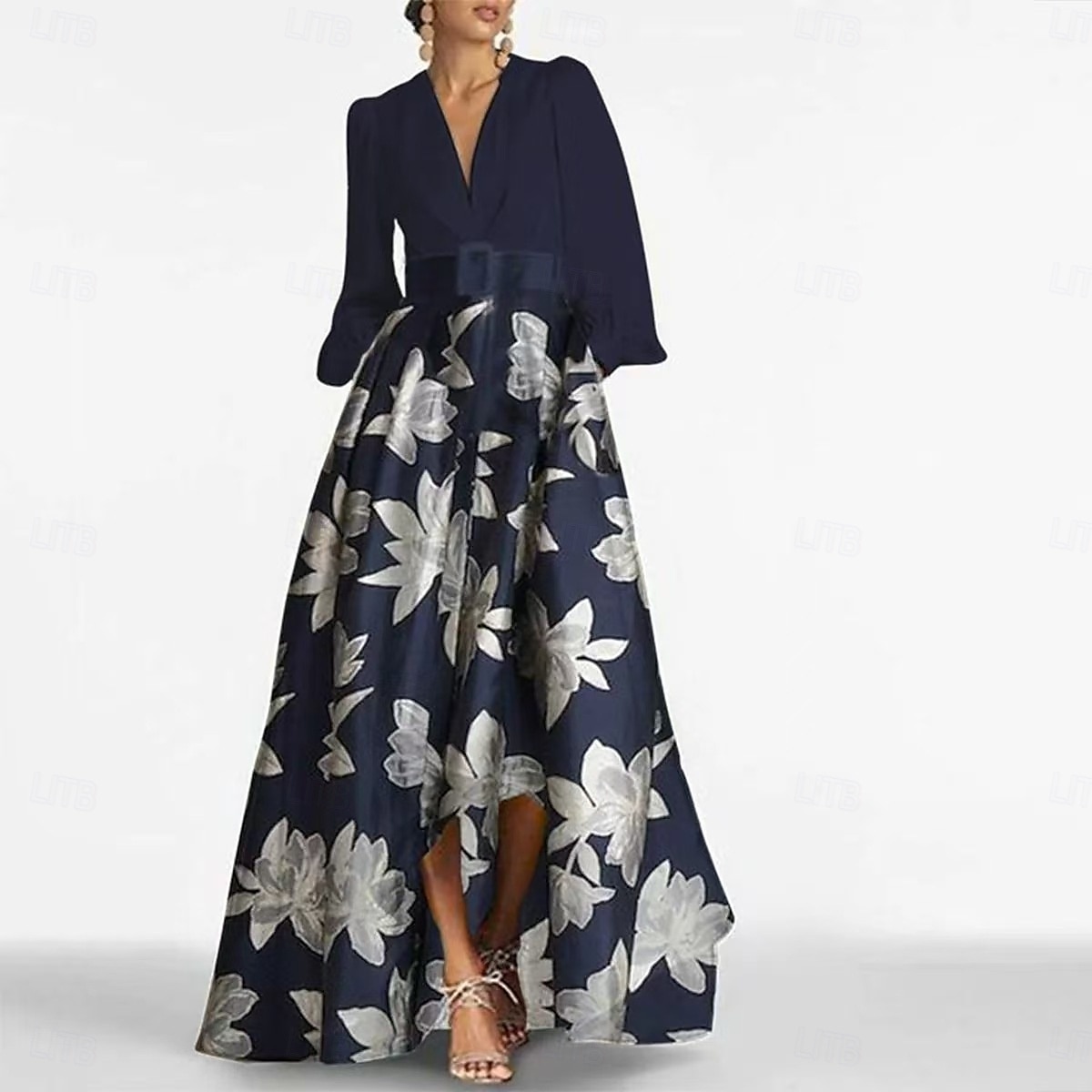 Robe mère de la mariée A-line élégante vintage décolleté en V longueur sol charmeuse manches longues avec ceinture  ruban robe de derby robe de course 2025 de 2025 ? $143.99 –P2