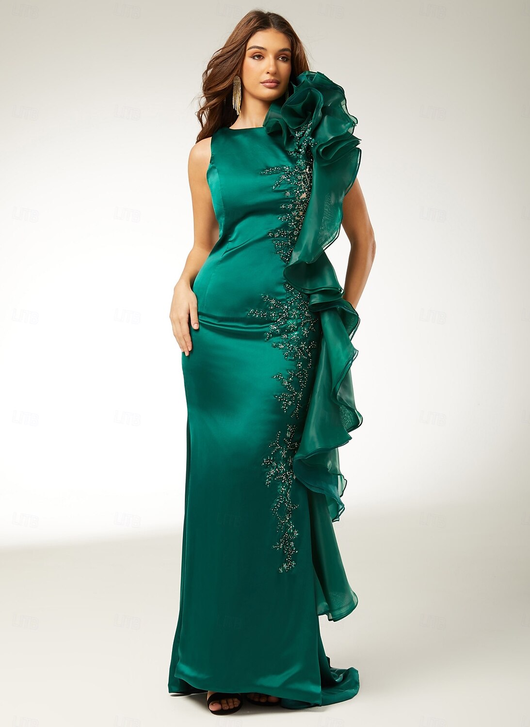 Meerjungfrau/Trompete Abendkleid elegantes Kleid Verlobung Sweep/Pinselschleppe ärmellos bodenlang Rundhals Herbst Hochzeitsgast Stretch Satin mit Applikationen 2025 2025 - $183.99 –P5