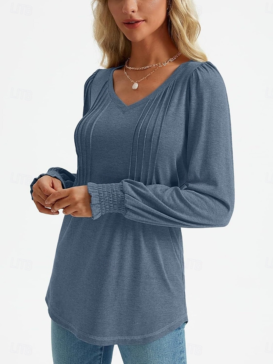 Dame Skjorte Bluse Helfarge Grunnleggende Fritid Langermet V-hals Vanlige topper Daglig Rynket Smukket Rosa Blå Grønn Sommer Vår 2025 - $29.99 –P8