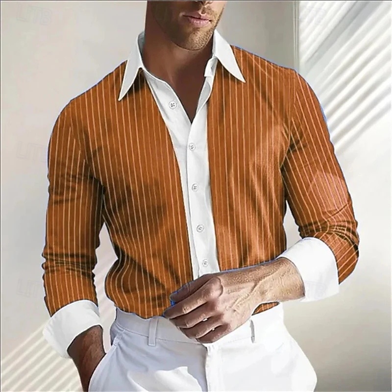 Herrenhemd Langarmhemd Freizeithemd blau gestreiftes Hemd Kontrastkragen Sommerhemd Button-Up-Hemd Polyester schwarz blau lila orange Streifen Revers Urlaub hawaiianische Kleidung Bekleidung Mode 2025 - $8.59 –P5