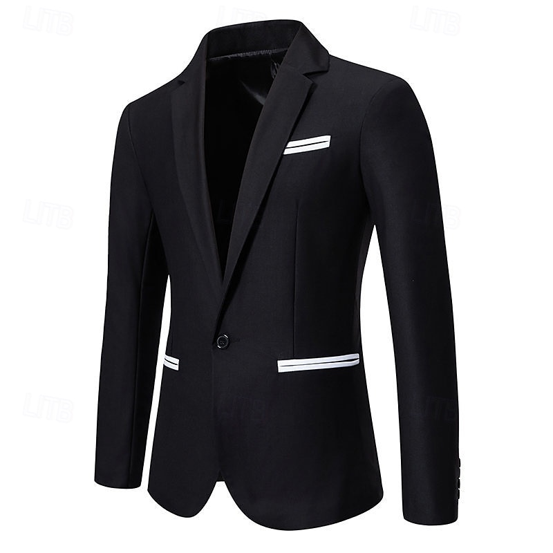 Herren Blazer Sakko Geschäft Cocktailparty Hochzeitsfeier Modisch Brautkleider schlicht Frühling & Herbst Baumwollmischung Farbblock Patchwork Knopf Komfortabel Einreihiger Verschluss Blazer Schwarz 2025 - $44.99 –P9