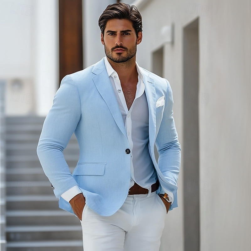 בגדי ריקוד גברים ז'קט בלייזר חתונה בחוף הים חתונה יום יומי\קז'ואל אופנתי יום יומי כל העונות פוליאסטר אחיד בסיסי חזה יחיד כפתור יחיד בְּלֵיזֶר כחול סקיי 2026 - $75.99 –P3