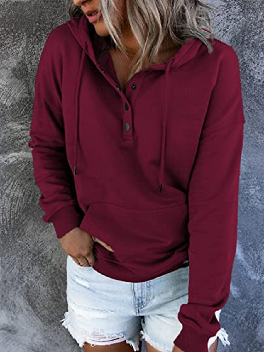 Mujer Casual Manga Larga Sudadera Tops regulares Calle Uso Diario Retazos Botones Negro Vino Morado Otoño Invierno 2025 - $38.99 –P2