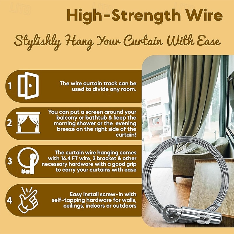 Adjustable Indoor Outdoor Wire Curtain Rod Room Divider Hanging System with 24 Clips Wire Hanging System For Tapestry Clothesline Clothes Hanger Craft Art Decoration on Walls 2026 - $32.99 –P8
