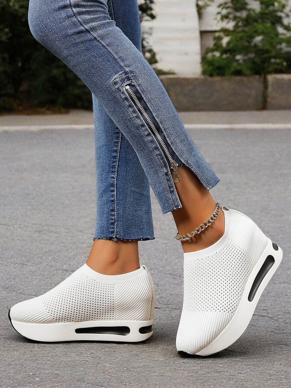 hvite slip-on-strikkede joggesko for kvinner med pustende mesh og skjult hæl - lette fritidssko for turgåing og hverdagsbruk 2025 - $29.99 –P3
