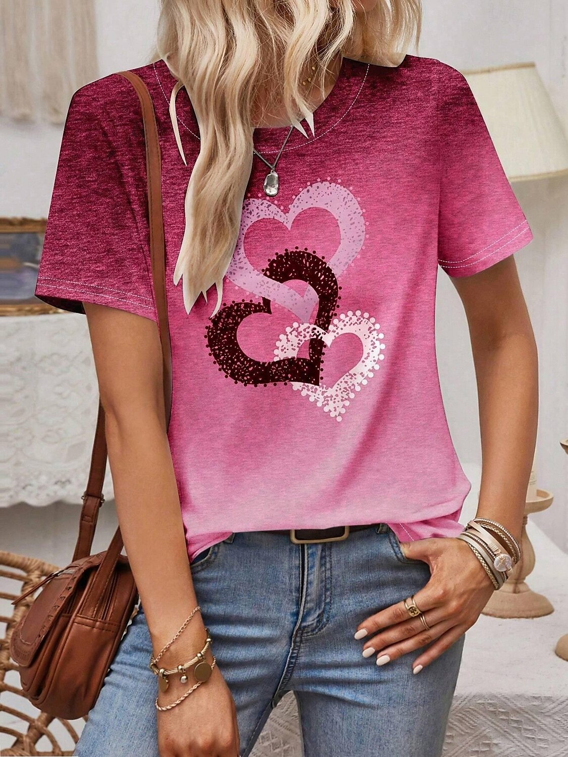 Women's T Shirt Heart Casual Short Sleeve Round Neck Regular Tops Daily Print Pink Blue Purple Summer 2025 - $19.99 –P8