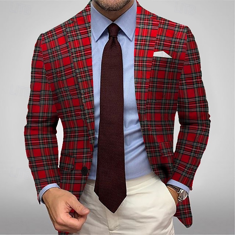 Homens Jaqueta Blazer Casaco esportivo Colar de entalhe Moda Xadrez Blazer Vermelho Padrão Comum 1 Butão de 2025 por $76.99 –P1
