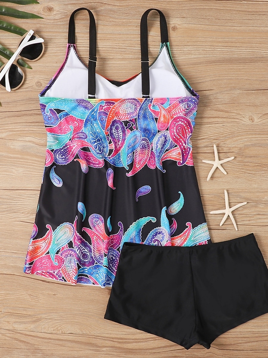 Dam Badkläder Tankini 2 st Pojkeben Baddräkt Öppen rygg Hög midja Semester Standkläder Paisley V-hals Ärmlös Baddräkter 2025 - $28.99 –P3