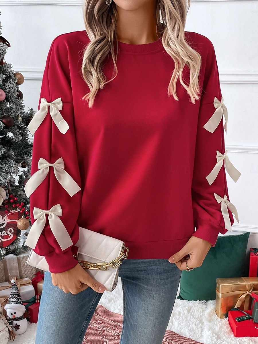 Women's Sweatshirt Casual Plain Street Dailywear Crew Neck Patchwork Long Sleeve Red Fall Winter 2025 - $37.99 –P1