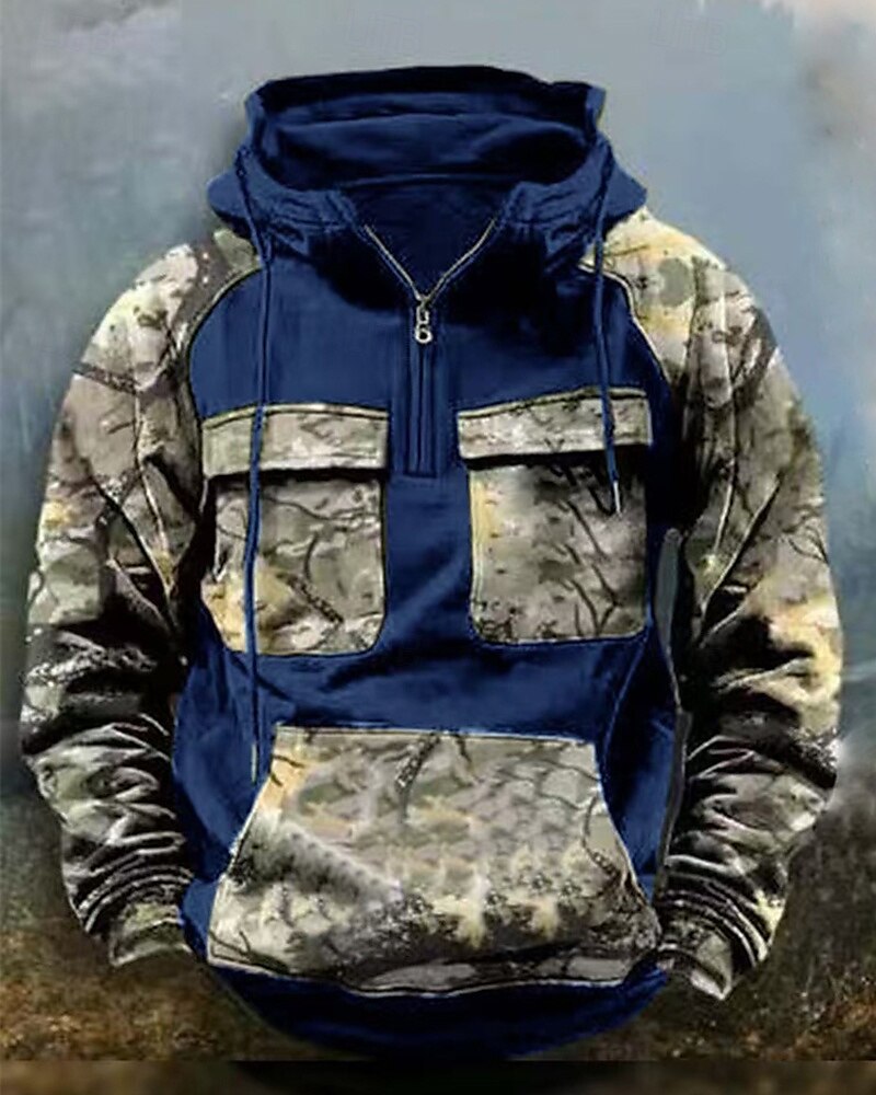 Per uomo Felpa con cappuccio Felpa con cappuccio e cerniera a un quarto Nero Vino Verde militare Blu Reale Cachi Con cappuccio Mimetico Collage Tasca frontale Sportivo Giornaliero Per eventi del 2025 a $40.99 –P3