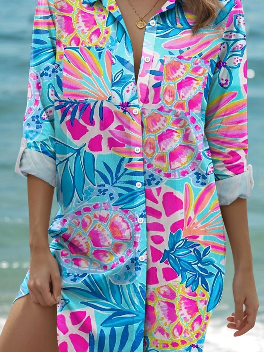 Women's Mini Dress Shirt Dress Hawaiian Shirts Flowy Beach Graphic Long Long Sleeve Shirt Collar Buttons Print Form Fit Vacation Blue Summer Holiday Clothes Beach Wear 2025 - $46.99 –P3