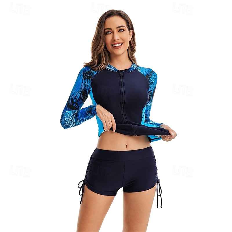 Women's Rash guard Swimsuit UV Sun Protection UPF50+ Lightweight Long Sleeve Spandex Swimwear Swimsuit 2 Piece Front Zip Swimming Surfing Beach Water Sports Patchwork Printed Summer Spring Autumn 2025 - $30.39 –P3