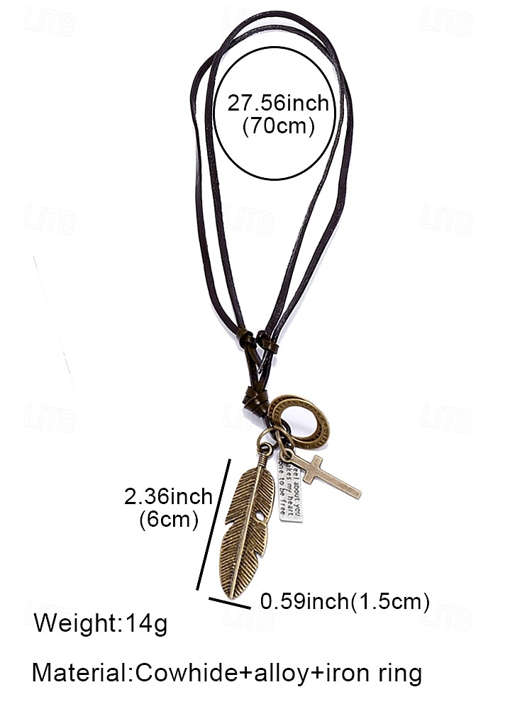 Men's Vintage Feather Pendant Necklace with Cross and Inspirational Charms, Leather Rope, Perfect for Casual Wear and Gifts 2025 - $9.99 –P5