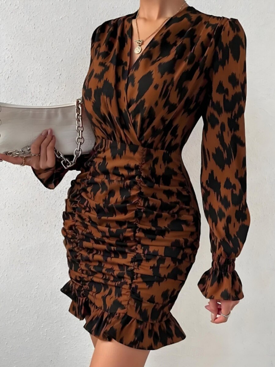 Damskie Sukienka mini Codzienne sukienki Bodycon Elegancki Codzienny Urlop Codzienny Regularny Kwiaty Długi rękaw W serek Brązowy Wiosna Jesień 2025 - $39.99 –P1