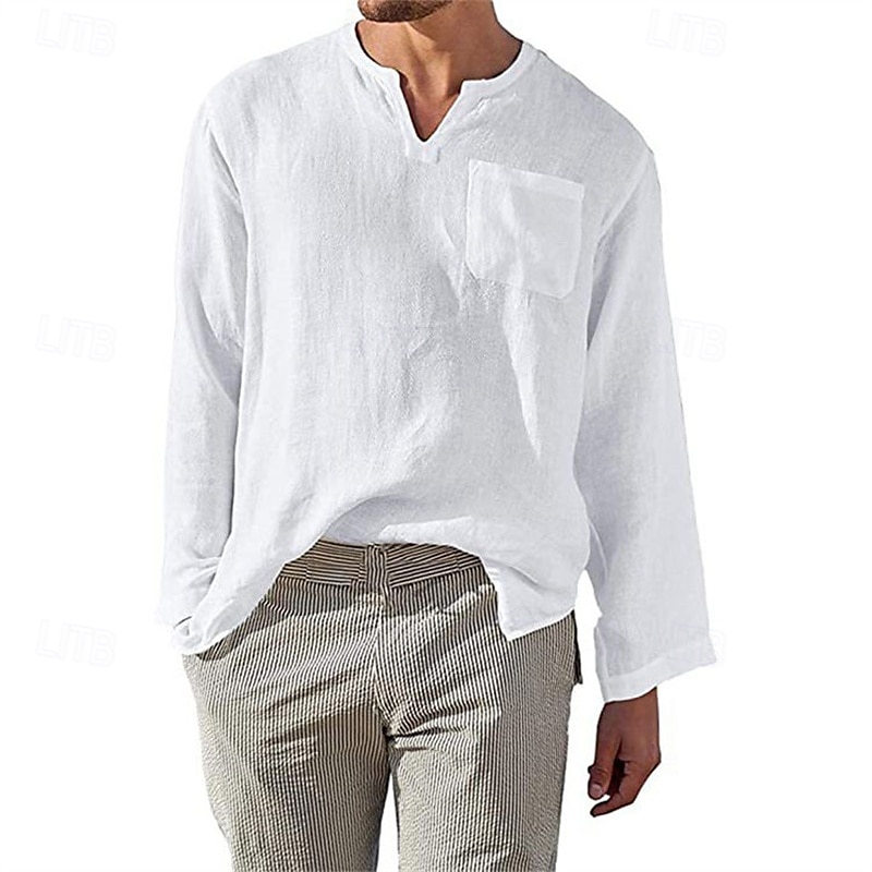 Homme Chemise Chemise Lin Chemise décontractée Plein Vacances Hawaïen Noir Blanche Vert Abricot manche longue Col V Printemps & Automne Vêtement Tenue Poche de 2025 ? $4.99 –P1
