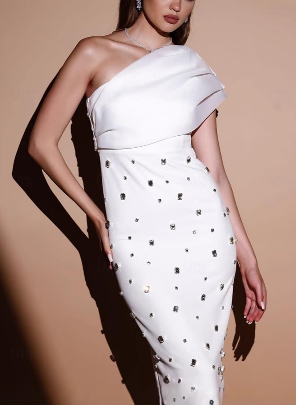 Robe de soirée Sheath  Colonne Élégante Robe Invité de mariage Longue crue Sans manches Une épaule mélange de coton avec strass de 2025 ? $130.99 –P2