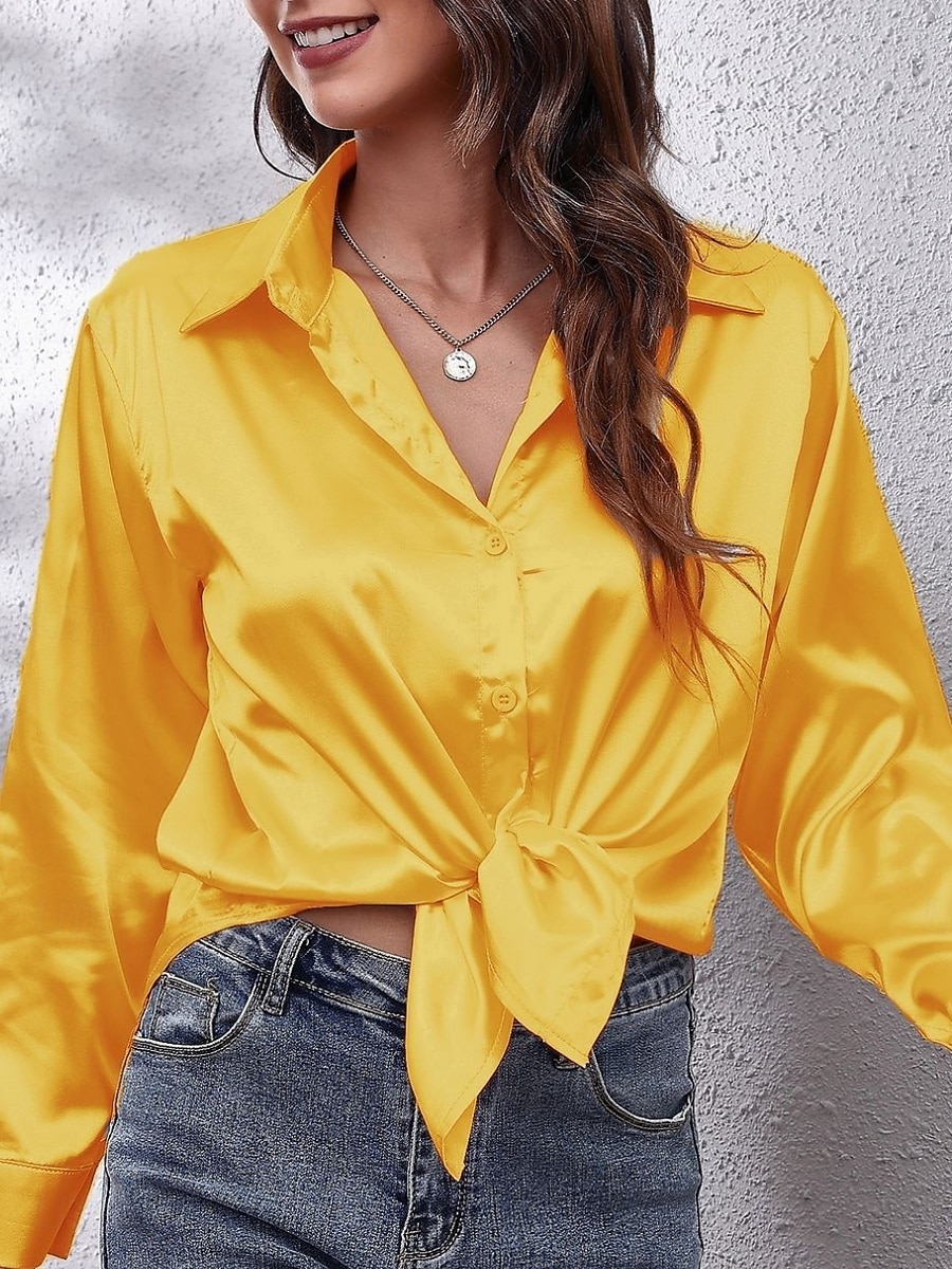 Per donna Camicia Elegant Elegante Raso/Satin Tinta unica Affari Moderno Casual Manica Lunga Colletto a Camicia Top Regolari Lavoro Abbigliamento Formale Bottoni Giallo Rosa Vino Blu Verde Estate del 2025 a $24.99 –P6
