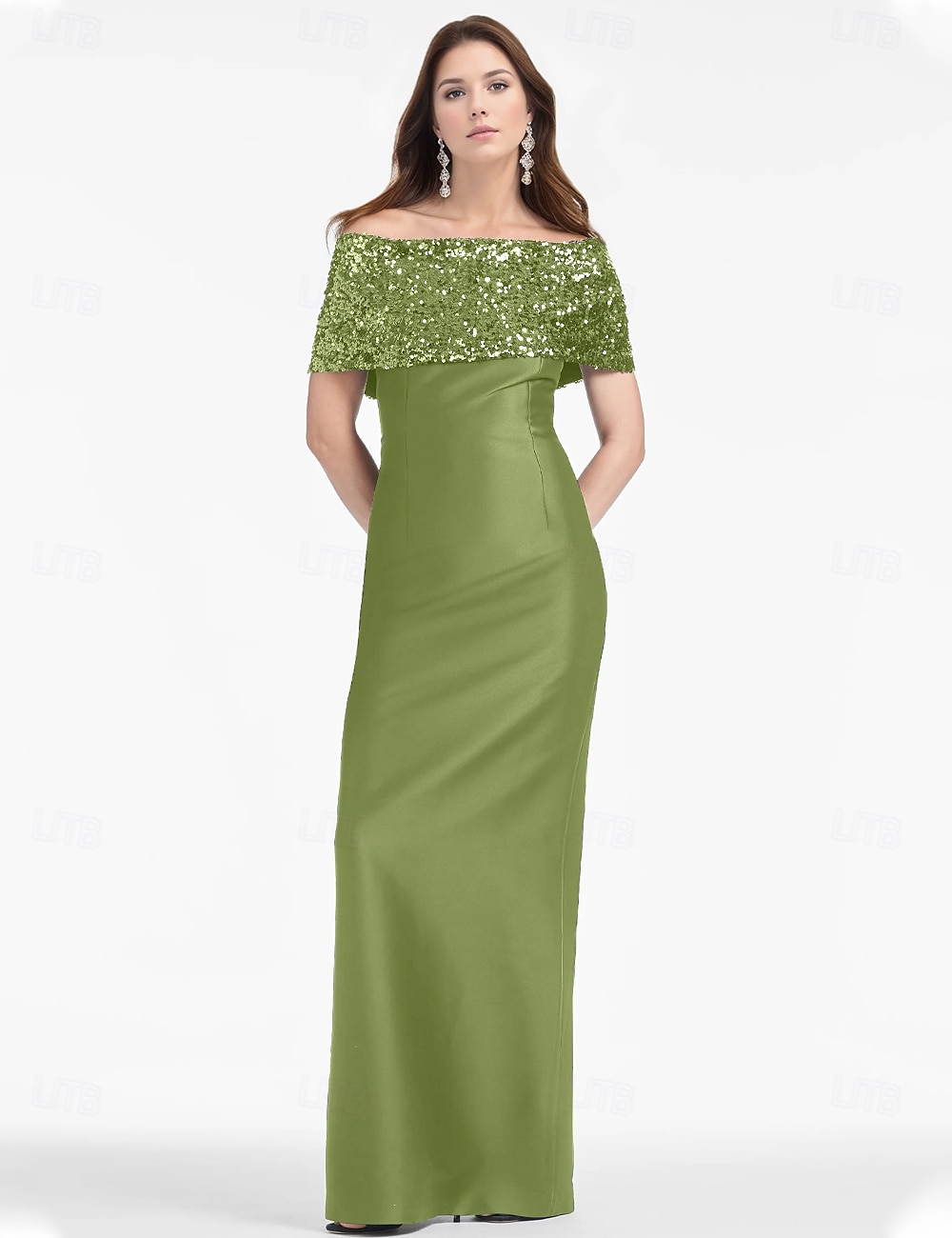 Robe de Soirée Fourreau  Colonne Élégante Robe de Mariage Formelle Longueur de Sol Manches Courtes Hors Épaule Satin avec Paillettes Fente de 2025 ? $131.99 –P1