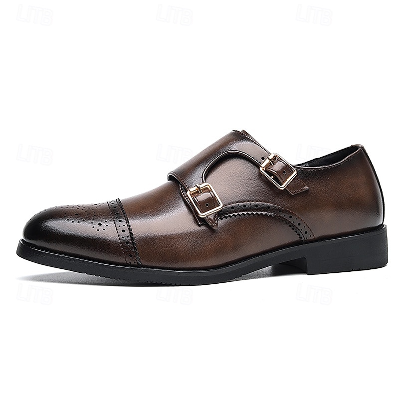 Men's Brown Faux Leather Double Monk Strap Dress Shoes with Brogue Detailing, Classic Style for Wedding, Formal and Business Wear 2025 - $54.99 –P3
