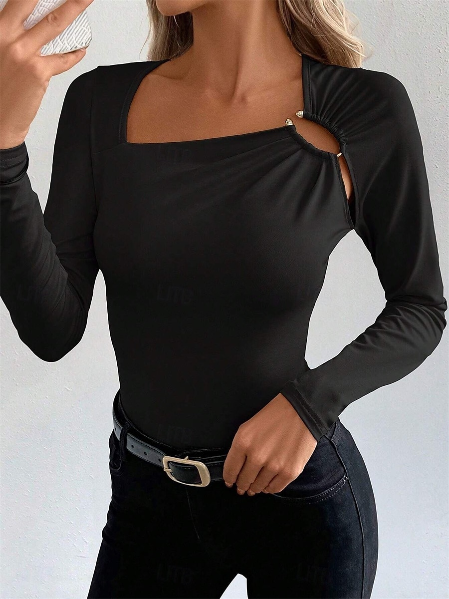 Women's Blouse Solid Color Elegant Daily Stylish Long Sleeve Square Neck Regular Tops Daily Holiday Going out Patchwork Black Wine Spring Fall Winter 2025 - $26.99 –P2