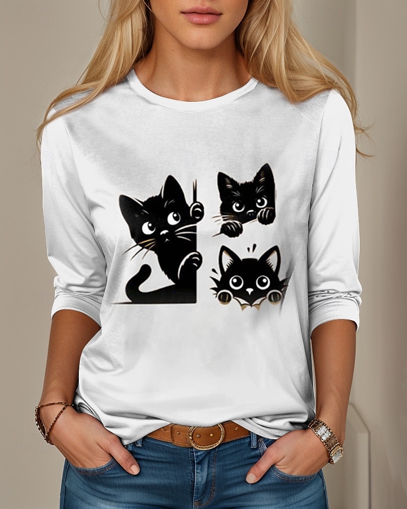 Damen T Shirt Katze Brautkleider schlicht Langarm Rundhalsausschnitt Normale Oberteile Täglich Wochenende Bedruckt Weiß Herbst Winter 2025 - $22.99 –P2