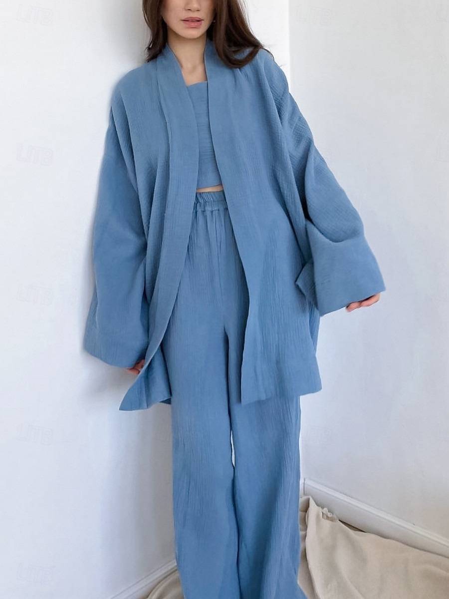Dame Pyjamas Sett Fritid Komfort Ren farge Blondér Elastisk midje Kjole Topp Bukse Hjem Daglig Langermet V-hals Hvit Blå Brun Sommer Vår Høst Normal 2025 - $71.99 –P1
