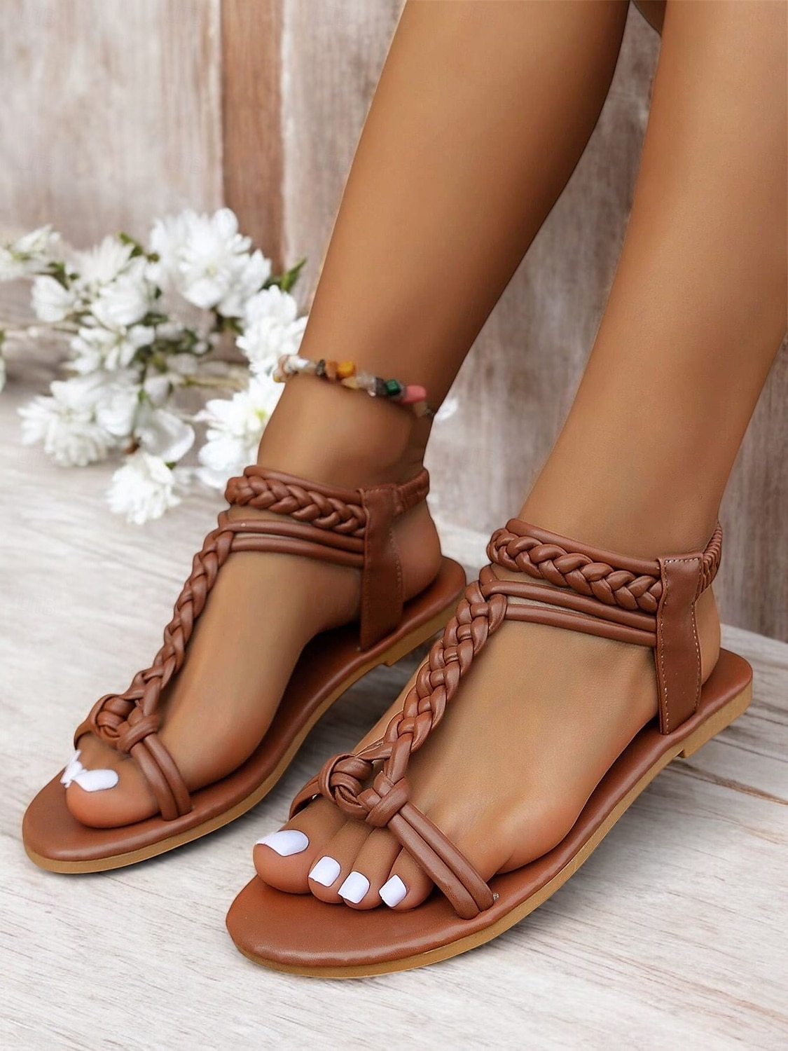 bruna flätade platta sandaler med t-rem för kvinnor med elastiskt ankelband - sommarskor i boho-stil för strand- och fritidskläder 2025 - $24.99 –P1