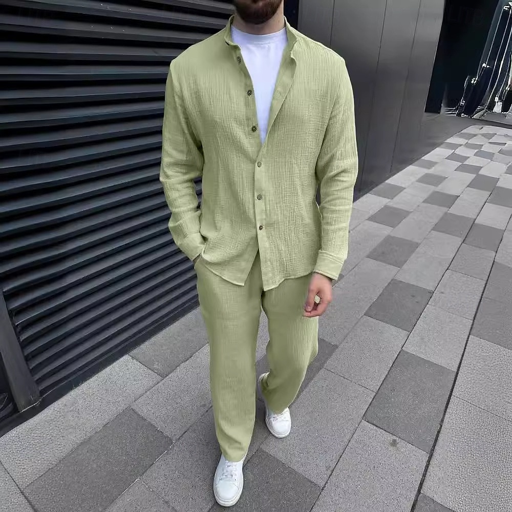 Herr 2 delar Skjorta set Matchande set Casual skjorta Knapp upp skjorta Svart Vit Blå Grön Khaki grön Långärmad Slät Bandkrage Semester Dagligen Kläder Mode Ledigt 2025 - $45.99 –P6