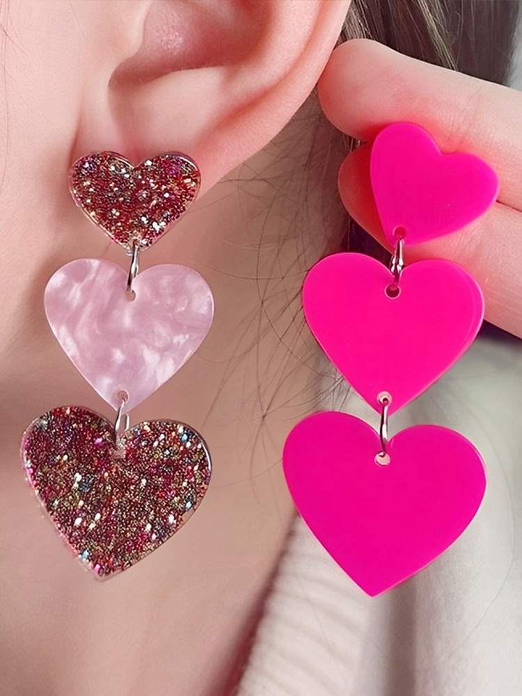 brincos femininos de coração com glitter, design em camadas rosa e branco, joias leves e modernas para o dia dos namorados, festas e presentes de 2025 por $7.99 –P4