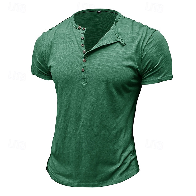 100%Cotton Men's T Shirt Henley Shirt Tee Short Sleeve Shirt Tee Top Plain Vintage Designer Basic Button Up Henley Vacation Street Casual Daily Spring Summer Black White Light Green Henley T-Shirt 2025 - $20.99 –P7