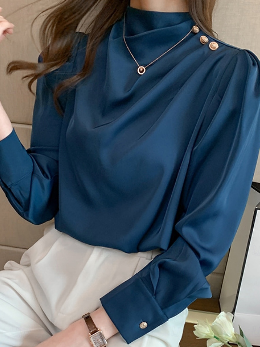 Damen Hemd Bluse Feste Farbe Basic Brautkleider schlicht Langarm Rollkragen Normale Oberteile Täglich Rüschen Weiß Rote Blau Sommer Frühling Herbst 2025 - $23.99 –P11